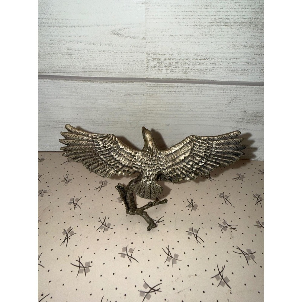 Vintage Brass Eagle Figurine Perched on Branch Soaring Bird Statue Bronze Tone